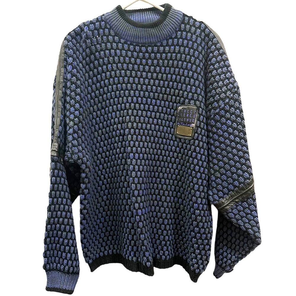 VTG 90s Street Scenes Licence to Drive Chunky Knit Leather Details Blue Purple